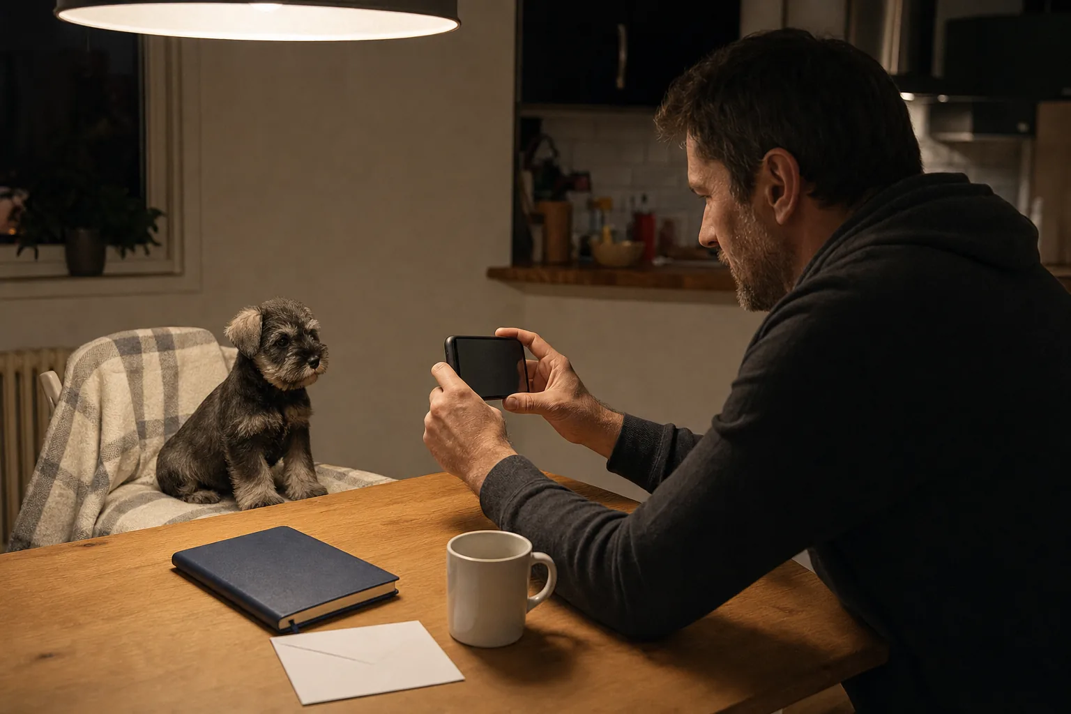 Le soir, dans une cuisine, un homme assis à la table filme avec son téléphone un jeune chiot schnauzer nain poivre et sel assis sur un plaid posé sur la chaise voisine, un carnet fermé, une tasse et une enveloppe devant lui.