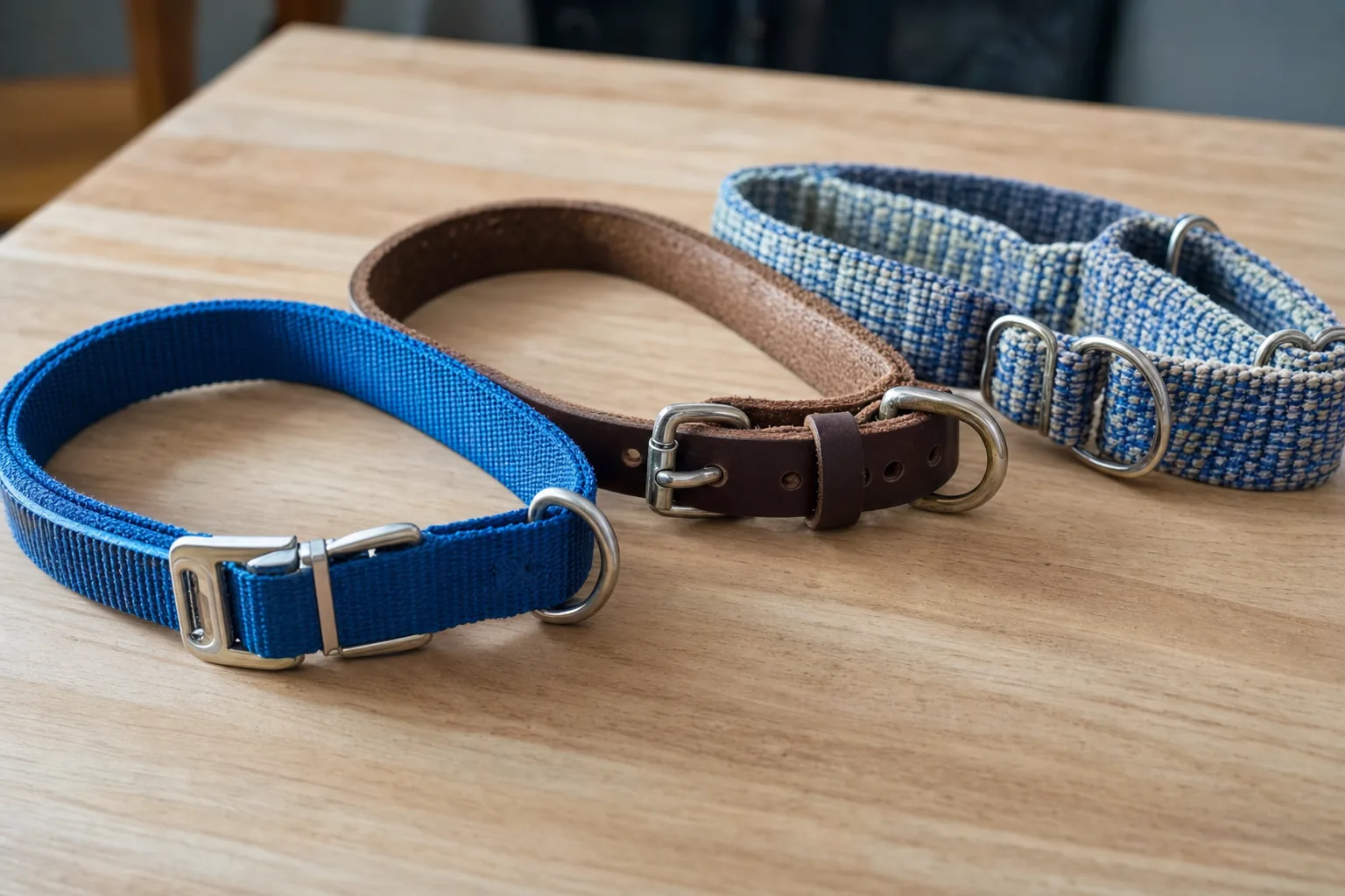 Trois colliers pour chien posés sur une table en bois : nylon bleu à clip, cuir marron à boucle, martingale en tissu tressé