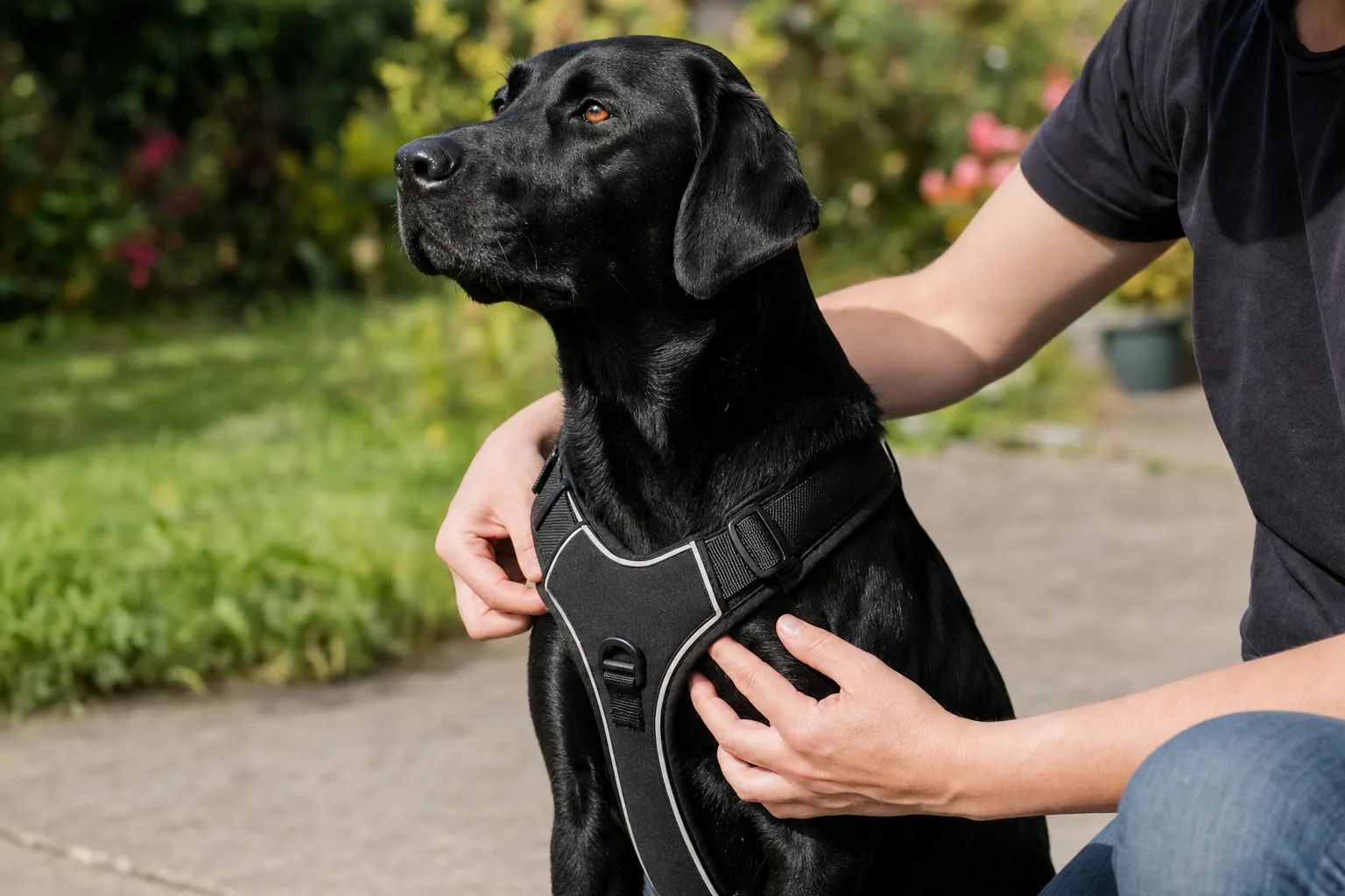 Personne ajustant un harnais rembourré à anneau frontal sur un labrador noir assis, les doigts glissés sous la sangle du poitrail