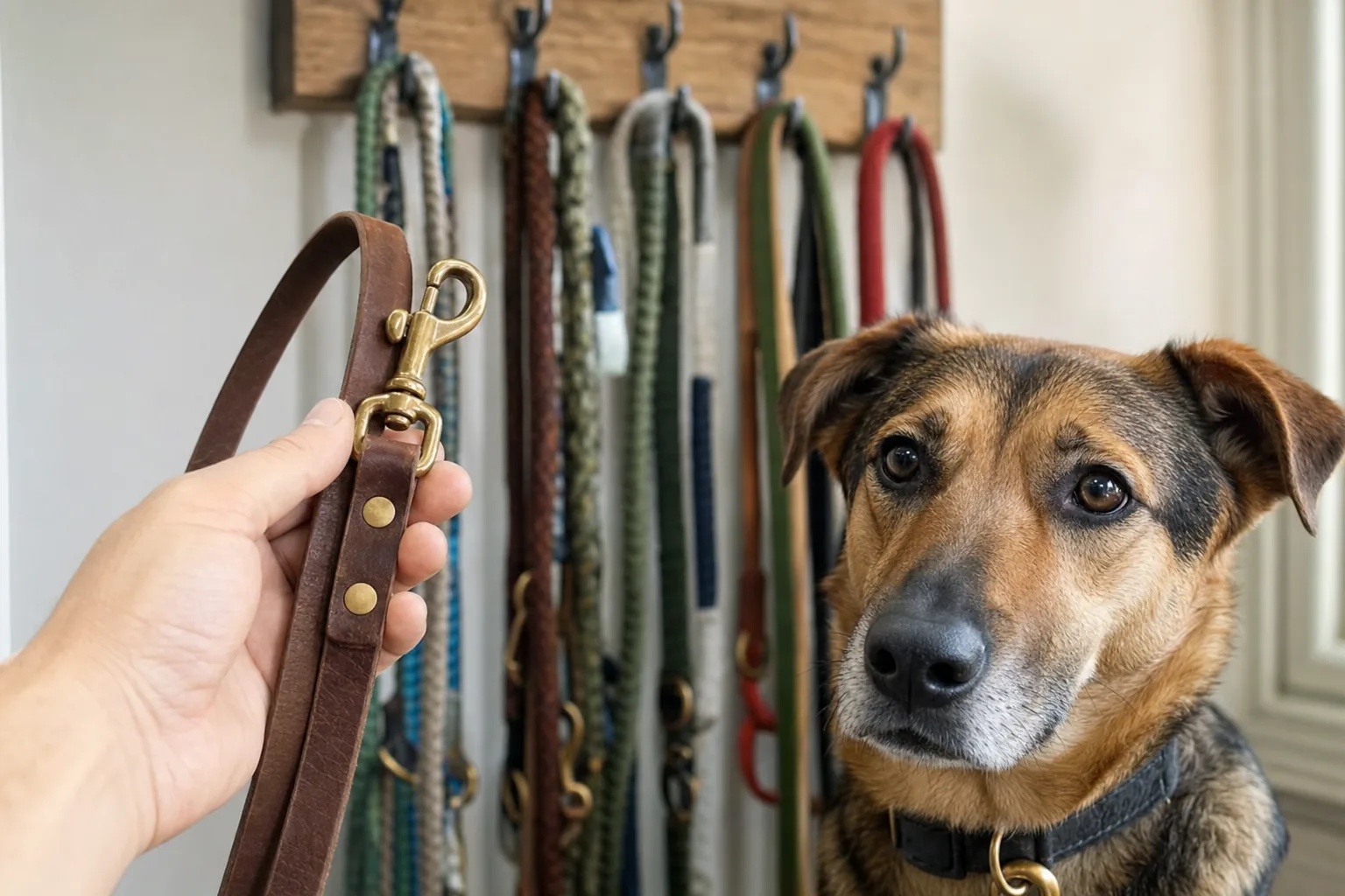 Main tenant une laisse en cuir marron à mousqueton laiton, chien à côté, laisses en nylon, corde et biothane suspendues en arrière-plan