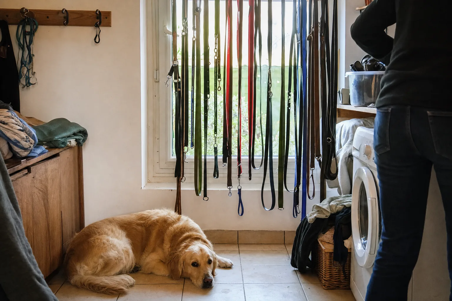 Laisses en nylon et en cuir qui sèchent dans une buanderie, golden retriever couché en dessous