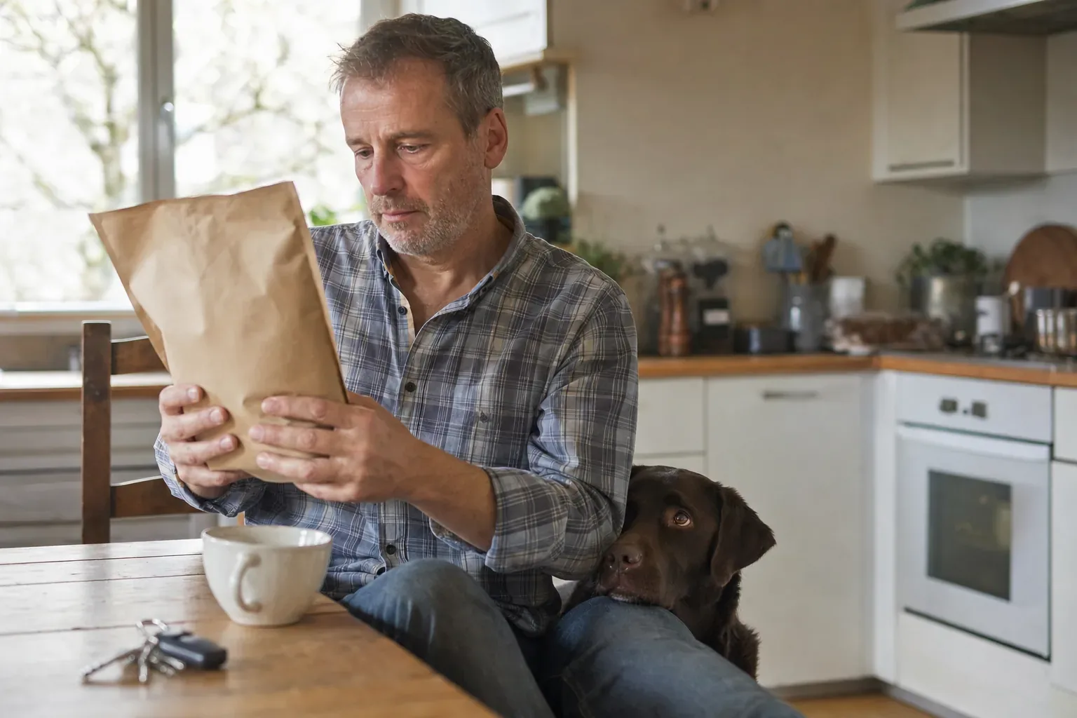 Homme en chemise à carreaux assis à la table d’une cuisine qui lit le dos d’un sac en papier kraft, un labrador chocolat le menton posé sur sa cuisse