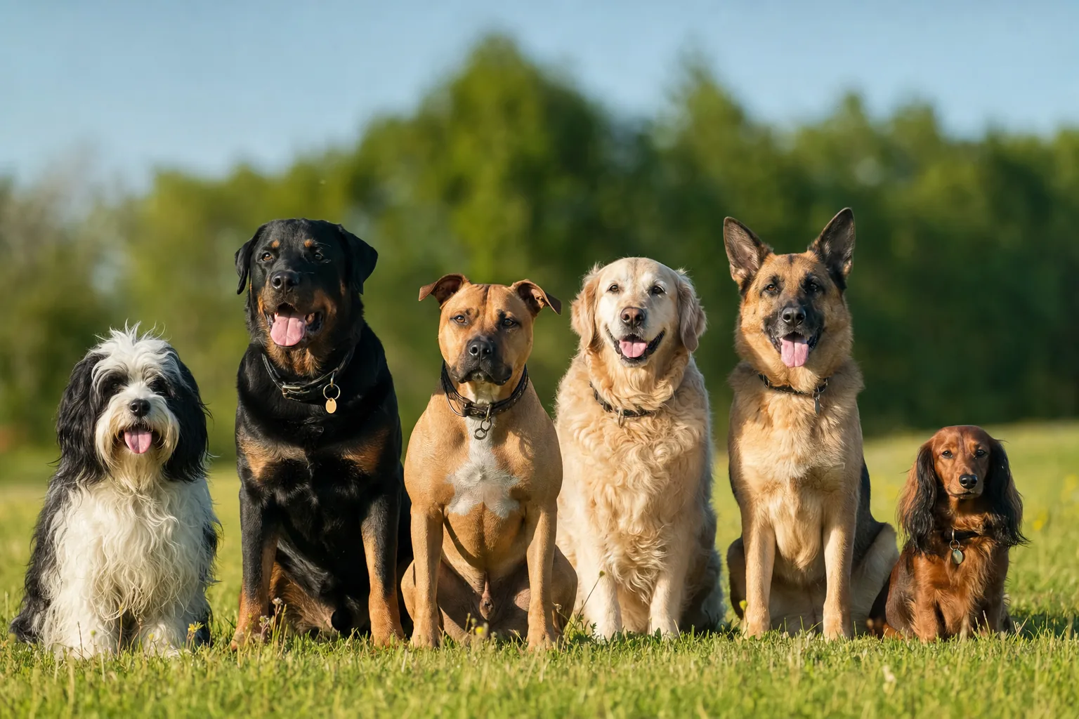 Chiens de tailles et types variés assis dans un pré