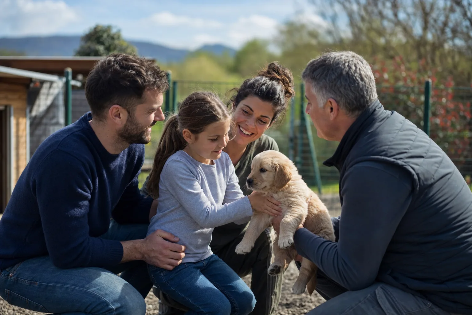 Famille rencontrant un chiot chez un éleveur