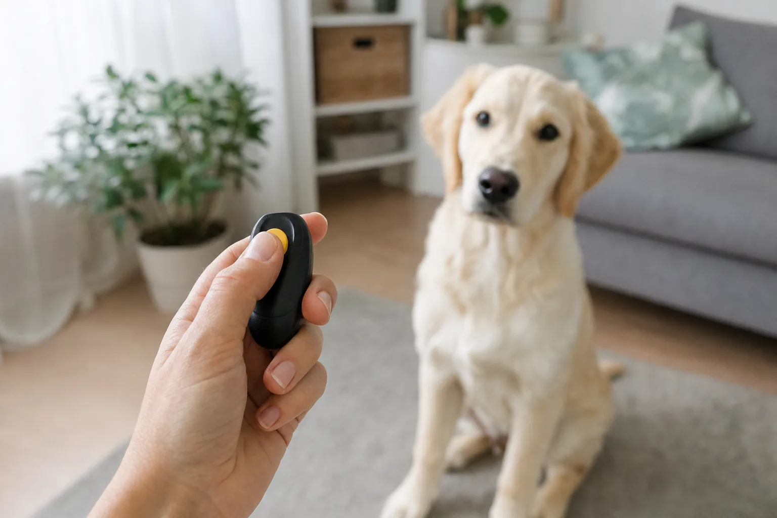 Clicker tenu dans une main devant un chien attentif lors d'une séance