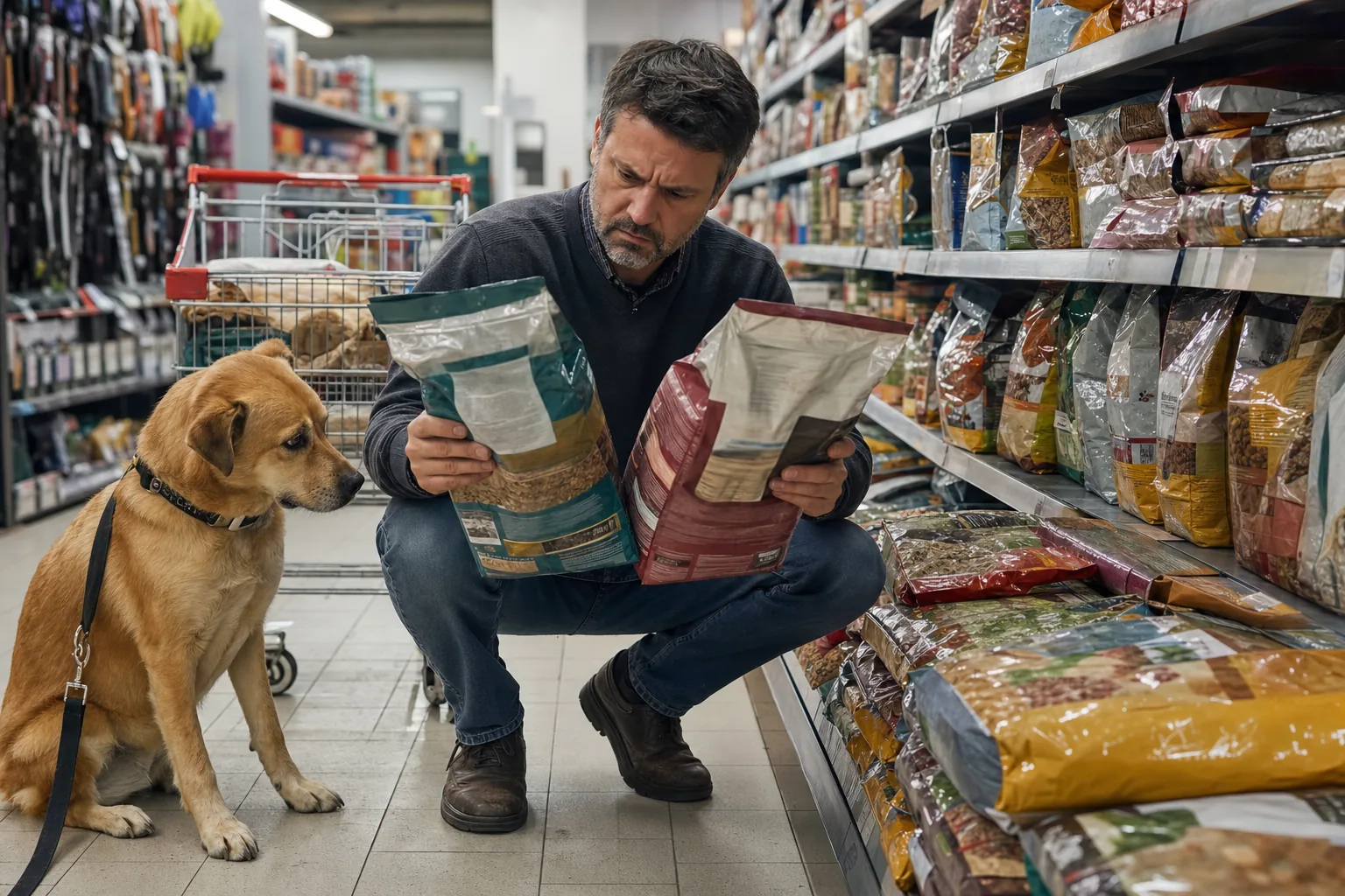 Dans le rayon animalerie d’un supermarché, un homme accroupi compare deux sacs de croquettes pendant que son chien croisé fauve, assis en laisse, le regarde faire
