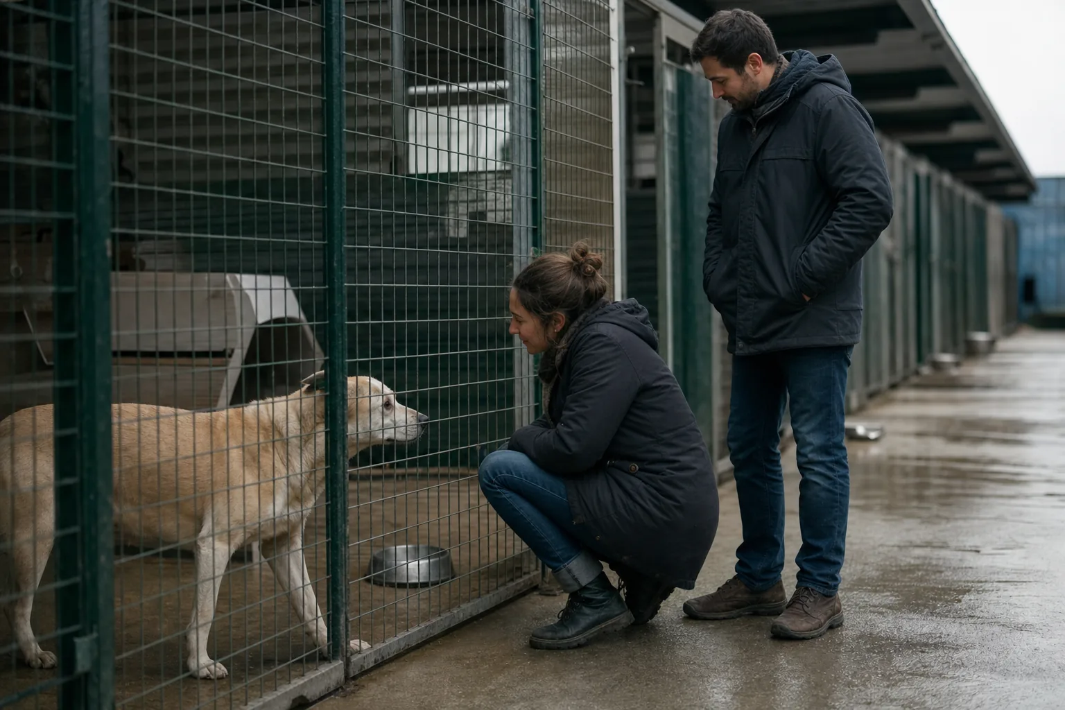 Devant les boxes extérieurs d’un refuge, une femme accroupie regarde un chien croisé au poil clair derrière le grillage, un homme debout à côté d’elle