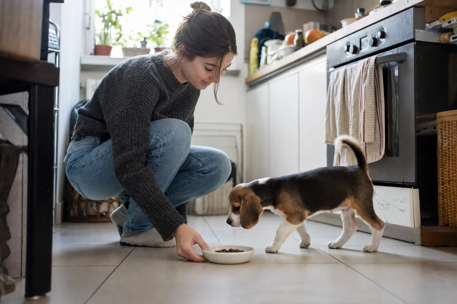 Jeune femme accroupie sur le carrelage de la cuisine d’un appartement qui pose une petite gamelle de croquettes devant un chiot beagle tricolore