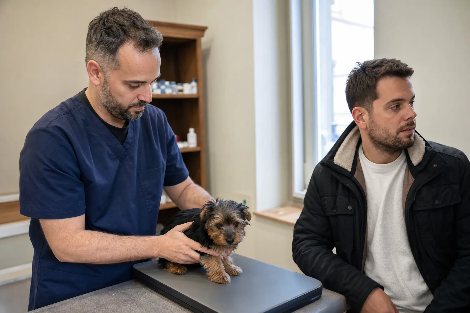 Vétérinaire en tunique bleu marine qui pose un chiot yorkshire terrier sur le plateau d’une balance de consultation, sous le regard de son maître