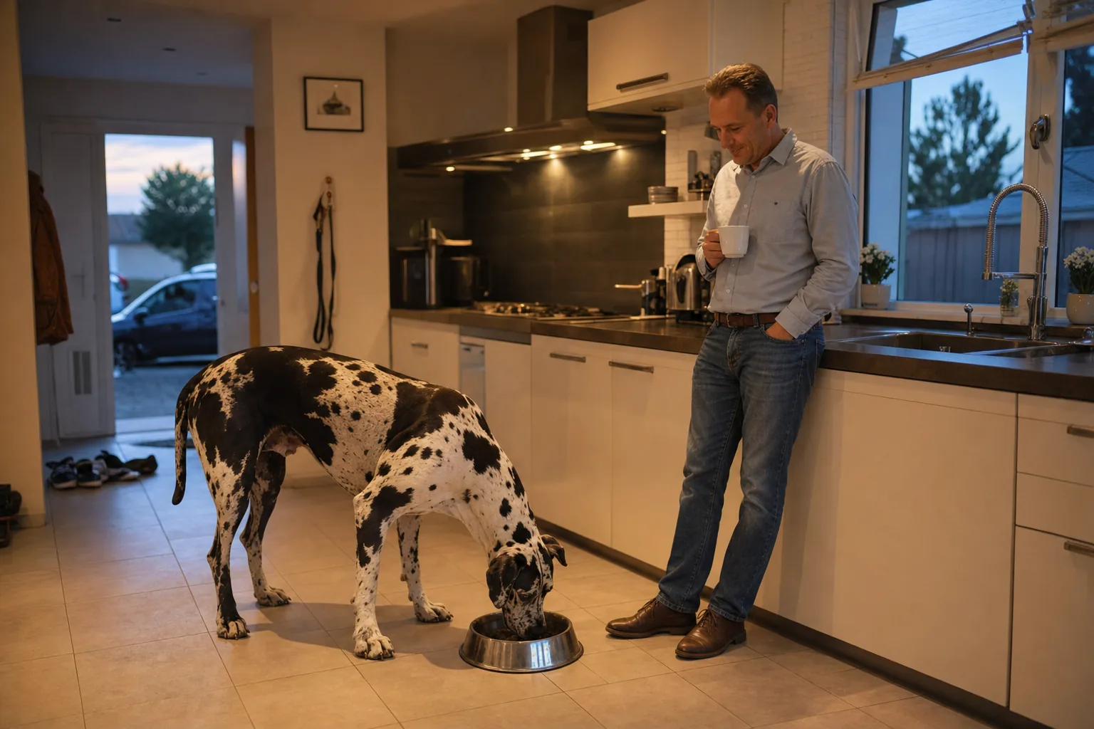Dogue allemand arlequin qui mange dans une gamelle en inox posée au sol dans la cuisine d’une maison, son maître appuyé au plan de travail une tasse à la main