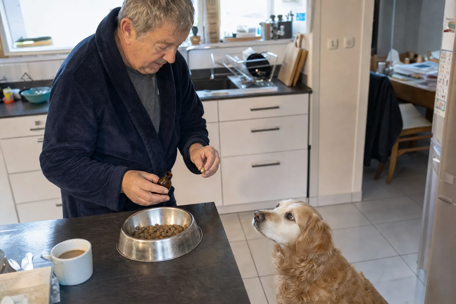 Homme en robe de chambre qui tient une gélule et un petit flacon brun au-dessus d’une gamelle de croquettes, dans la cuisine, sous le regard d’un vieux golden retriever au museau blanchi