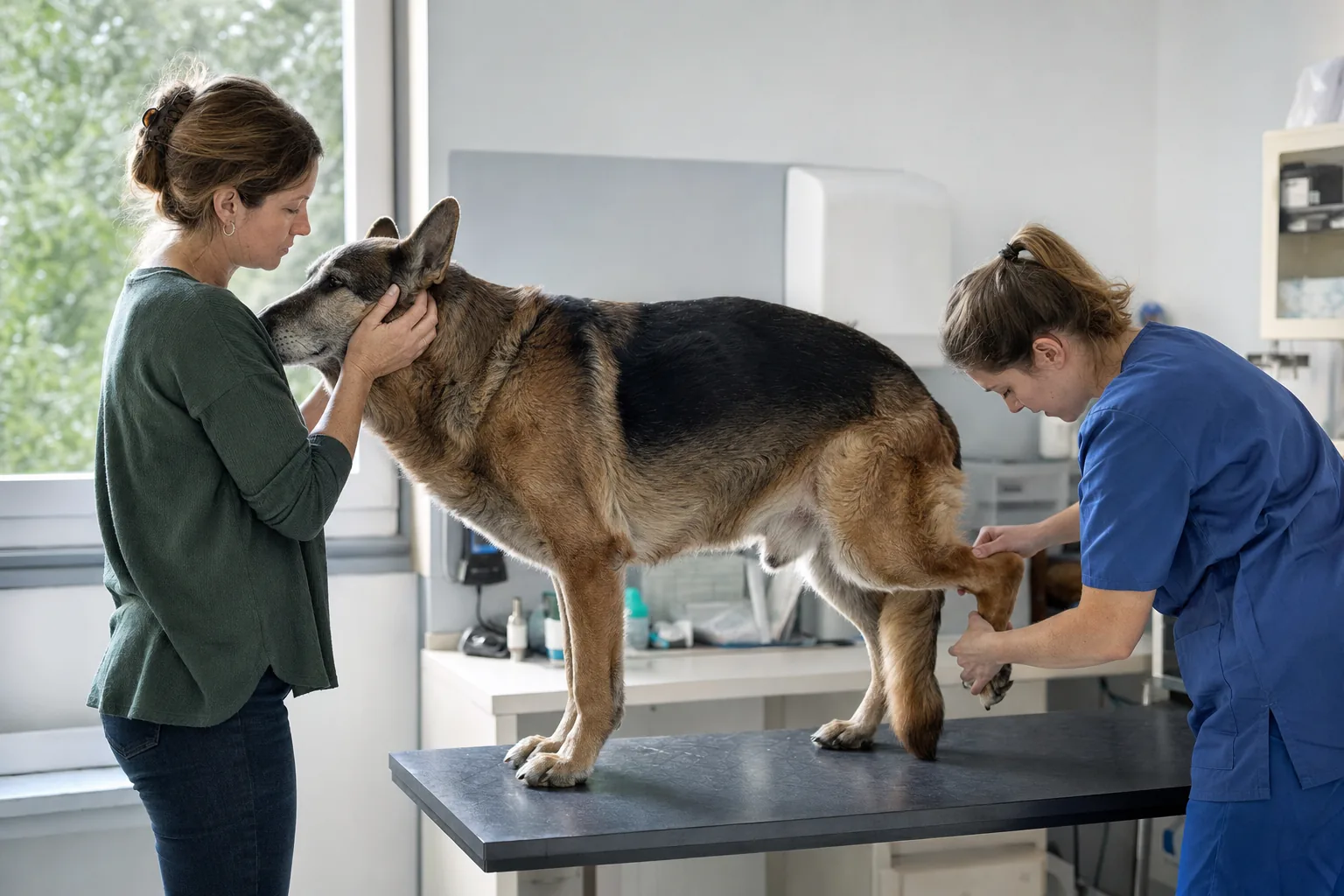 Vétérinaire en tunique bleue qui fléchit la patte arrière d’un vieux berger allemand debout sur la table d’examen, pendant que sa maîtresse lui tient la tête