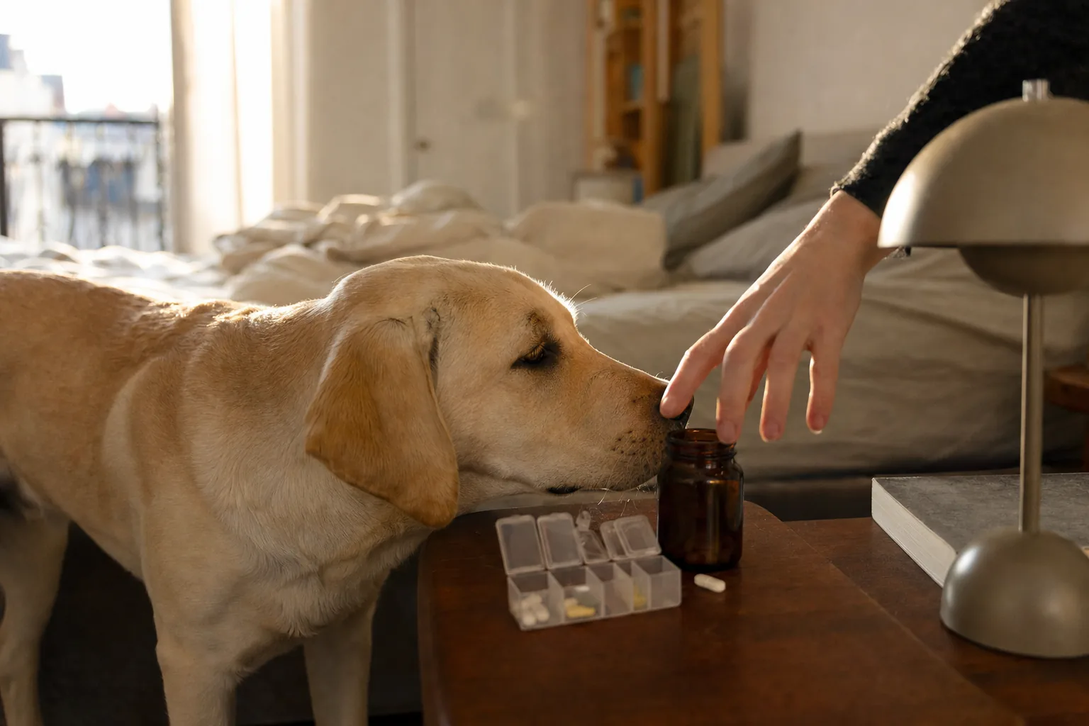 Jeune labrador sable qui renifle un flacon de vitamines posé sur une table de nuit à côté d’un pilulier ouvert, pendant qu’une main tend le bras pour l’attraper