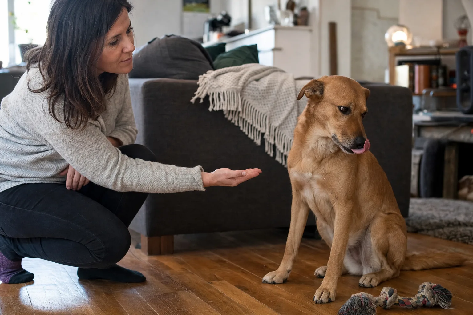 Femme accroupie dans un salon tendant la main vers un chien fauve assis qui se lèche la truffe et détourne la tête