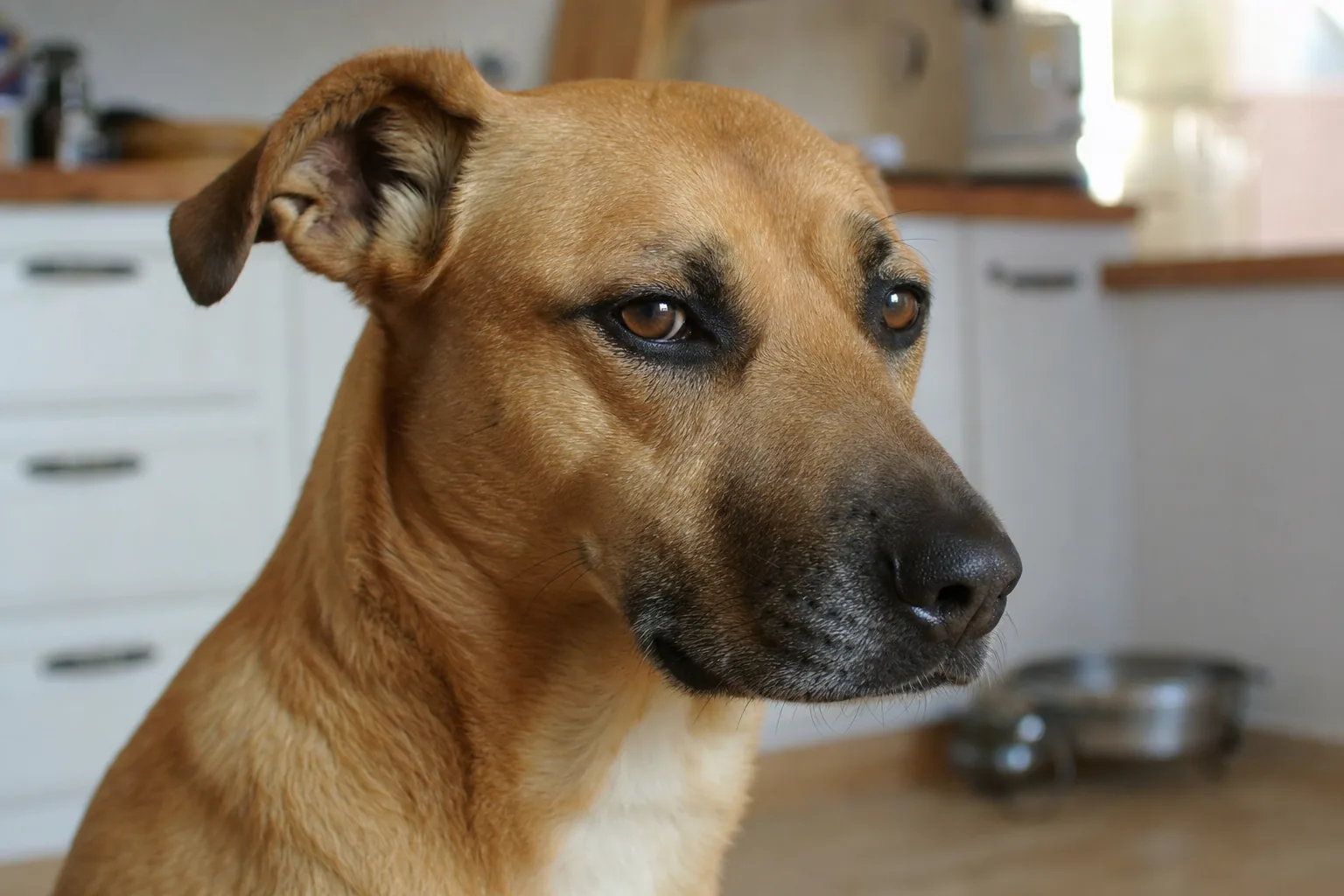 Gros plan sur la tête d’un chien fauve de trois quarts dans une cuisine, oreilles reculées, regard doux tourné de côté, commissures tirées en arrière