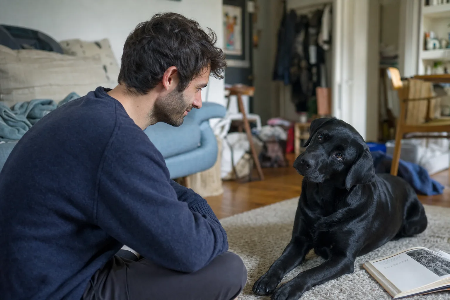 Homme assis au sol dans un salon et labrador noir couché face à lui qui le regarde la tête penchée sur le côté