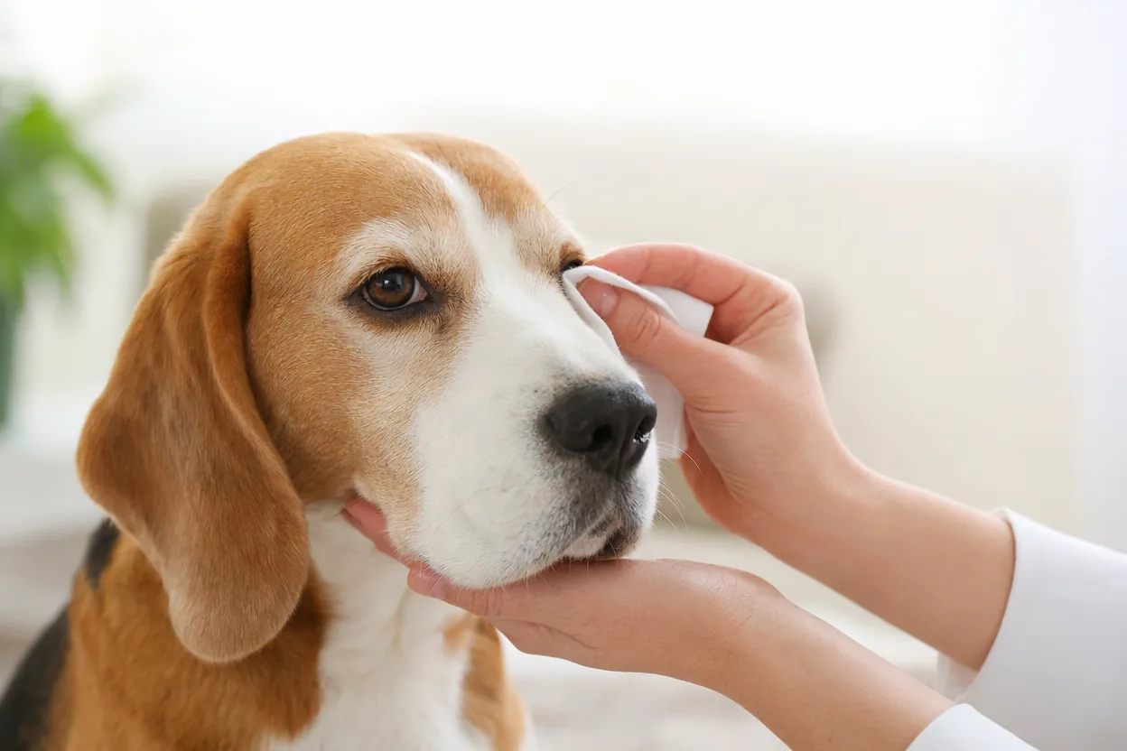 Main essuyant délicatement l'œil larmoyant d'un beagle calme avec une compresse propre