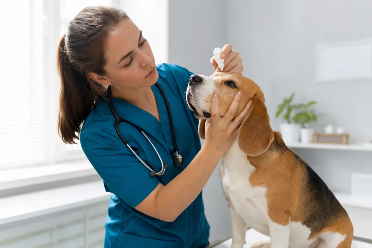 Vétérinaire appliquant un collyre dans l'œil d'un beagle calme sur une table d'examen