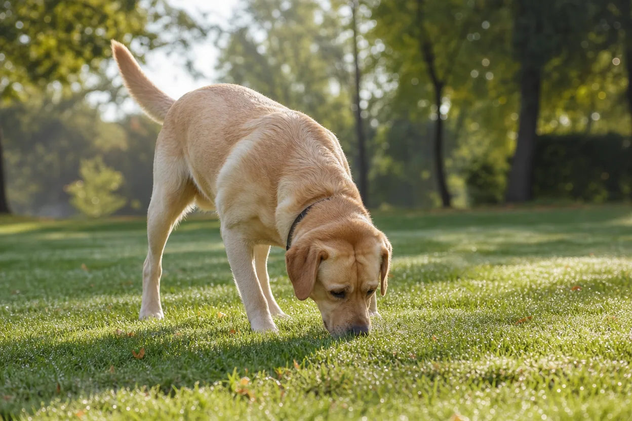 Labrador sable reniflant le sol lors d'une promenade sur une pelouse dans un parc le matin