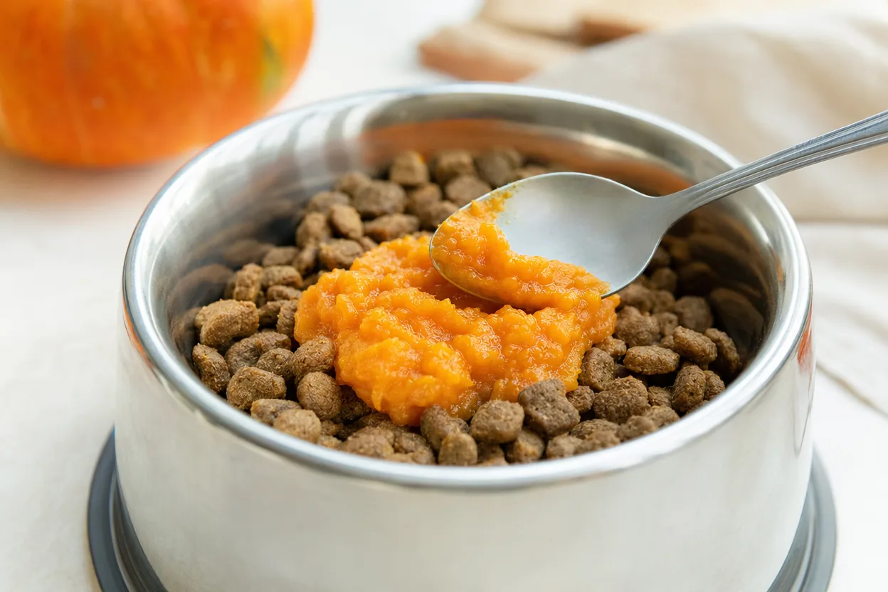 Gamelle de nourriture pour chien enrichie d'une cuillère de purée de potiron