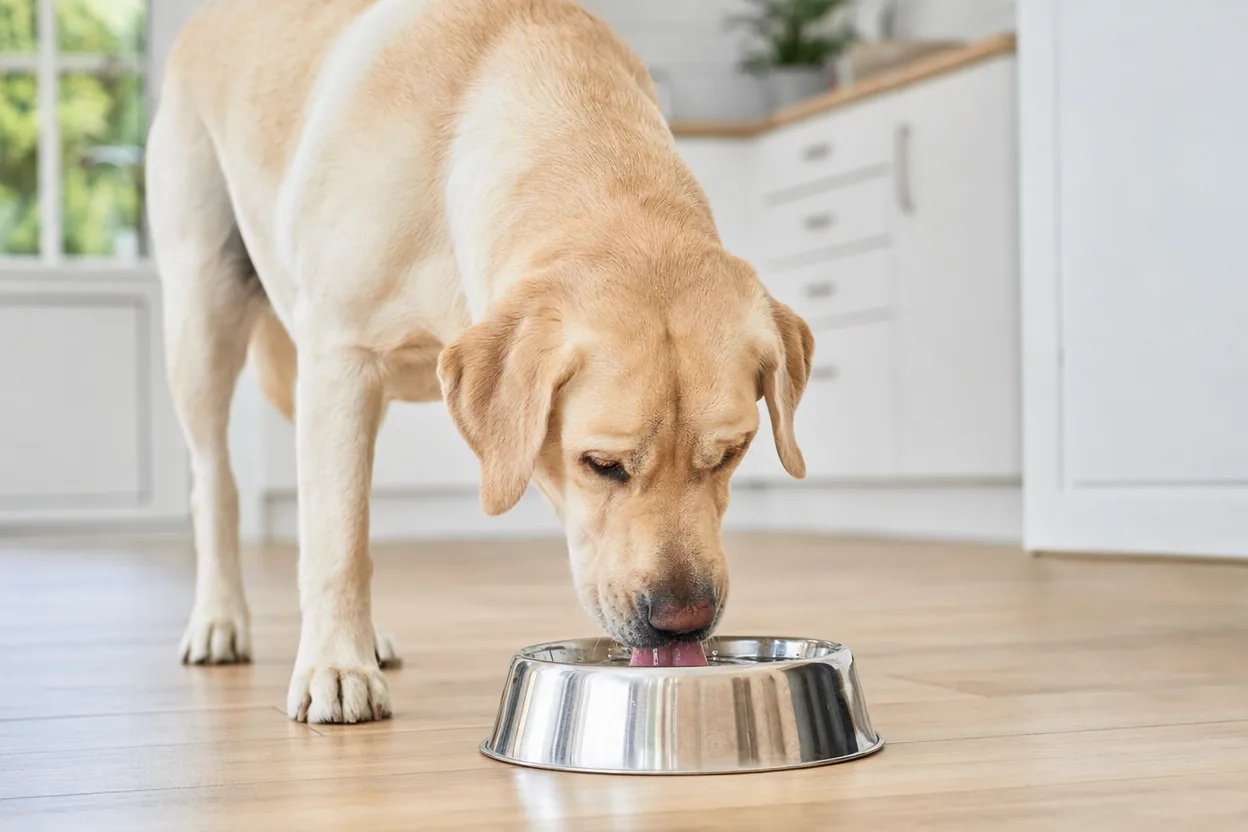 Labrador sable buvant de l'eau fraîche dans une gamelle en inox dans une cuisine