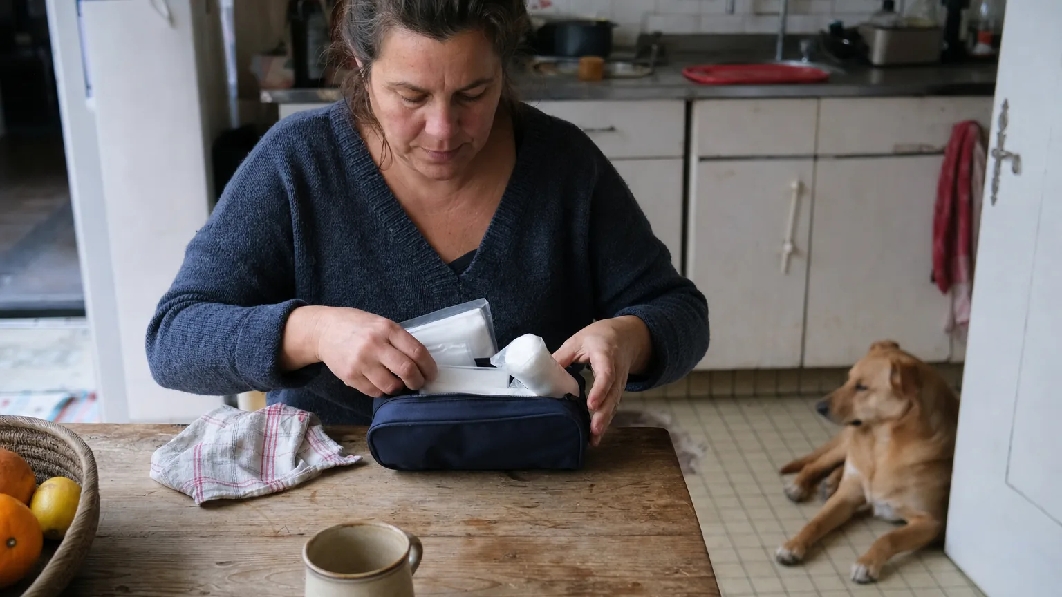 Une femme range des compresses dans une pochette de secours, son chien couché près de la table de cuisine