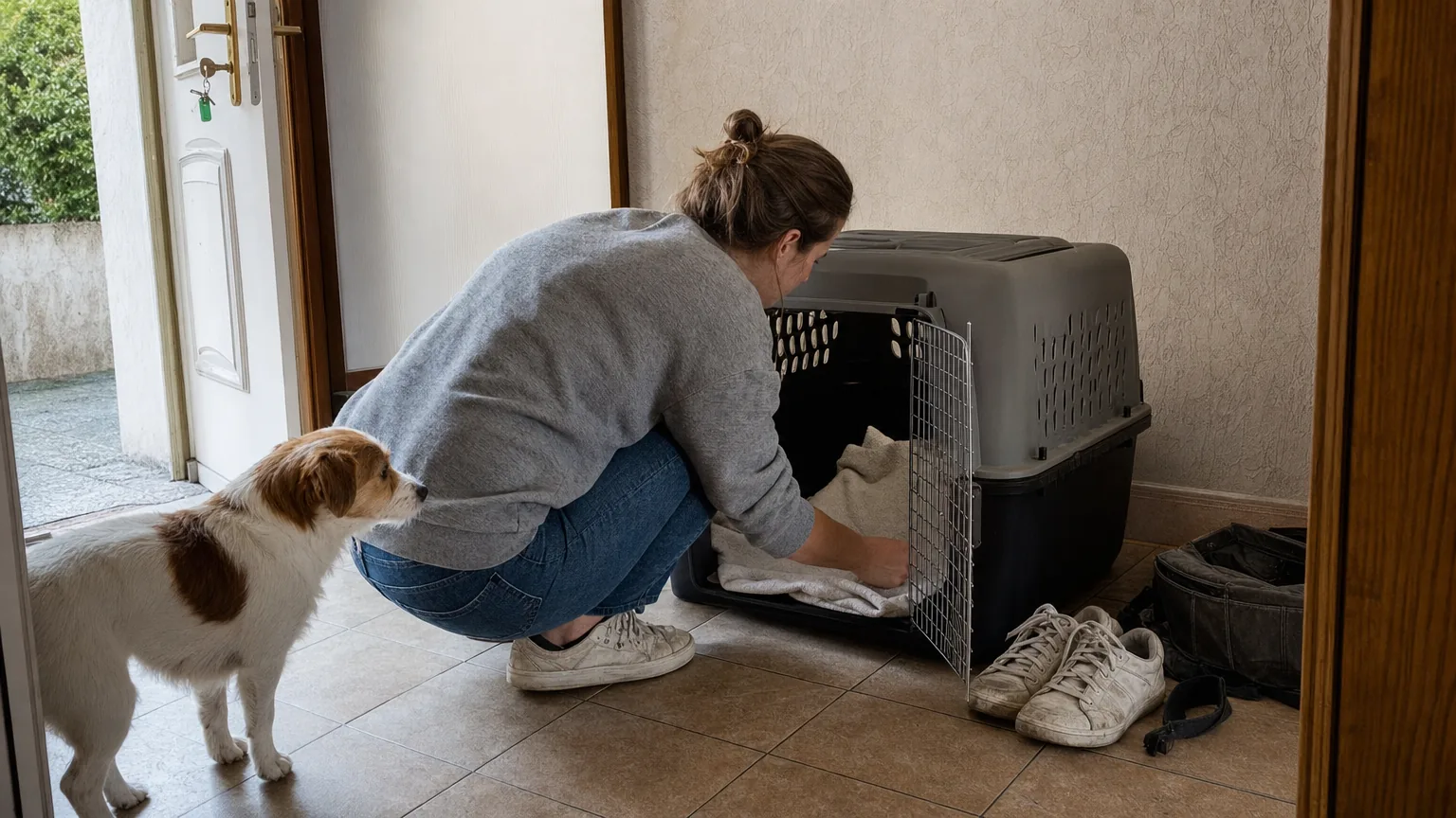 Une propriétaire vérifie une petite caisse de transport ouverte à côté de son chien dans l’entrée de la maison