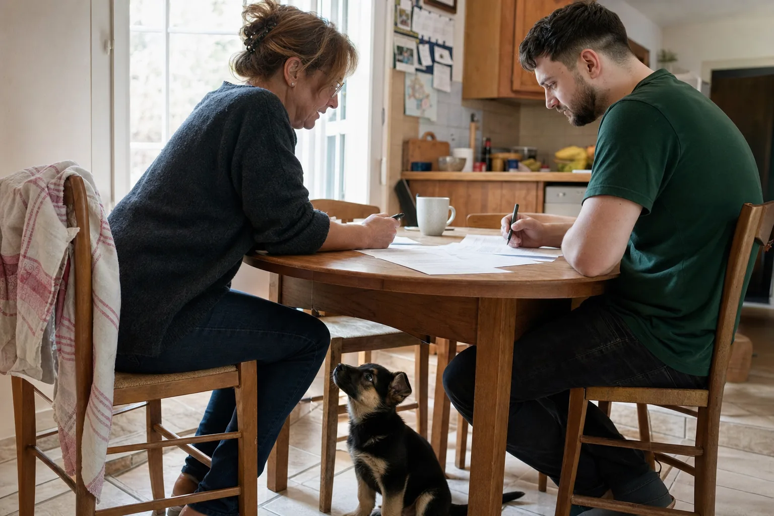 Dans la cuisine d’un pavillon, une femme et un homme assis de part et d’autre d’une table ronde signent des feuillets étalés devant eux, un chiot noir et feu assis sous la table lève la tête vers eux