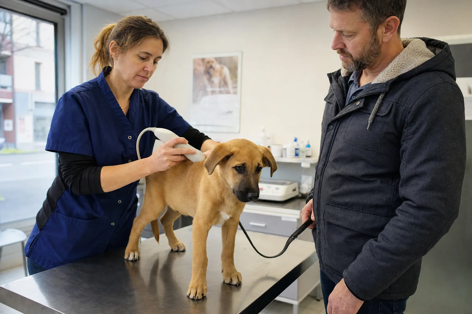 Sur la table d’examen en inox d’un cabinet vétérinaire, une vétérinaire en blouse bleue passe un lecteur de puce le long du cou d’un chiot croisé au poil fauve, tandis qu’un homme en parka tient la laisse