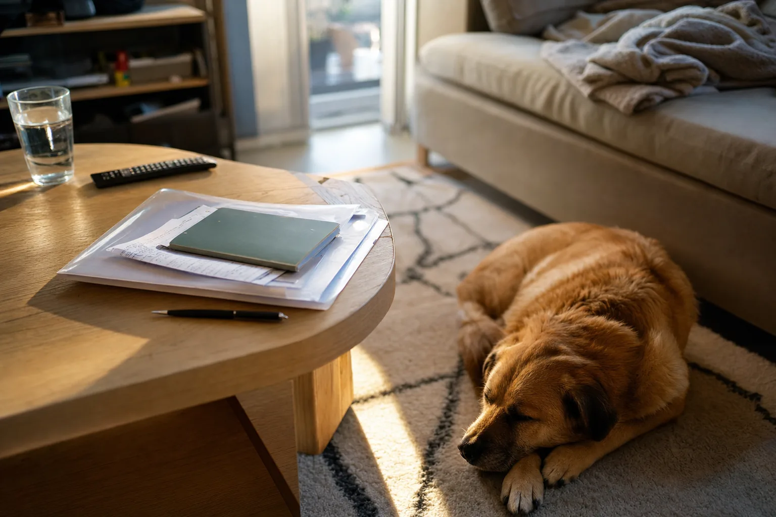 Sur la table basse d’un salon éclairé par le soleil de fin de journée, une pochette plastique de feuillets, un carnet vert et un stylo, et sur le tapis à côté un chien fauve adulte endormi museau sur les pattes