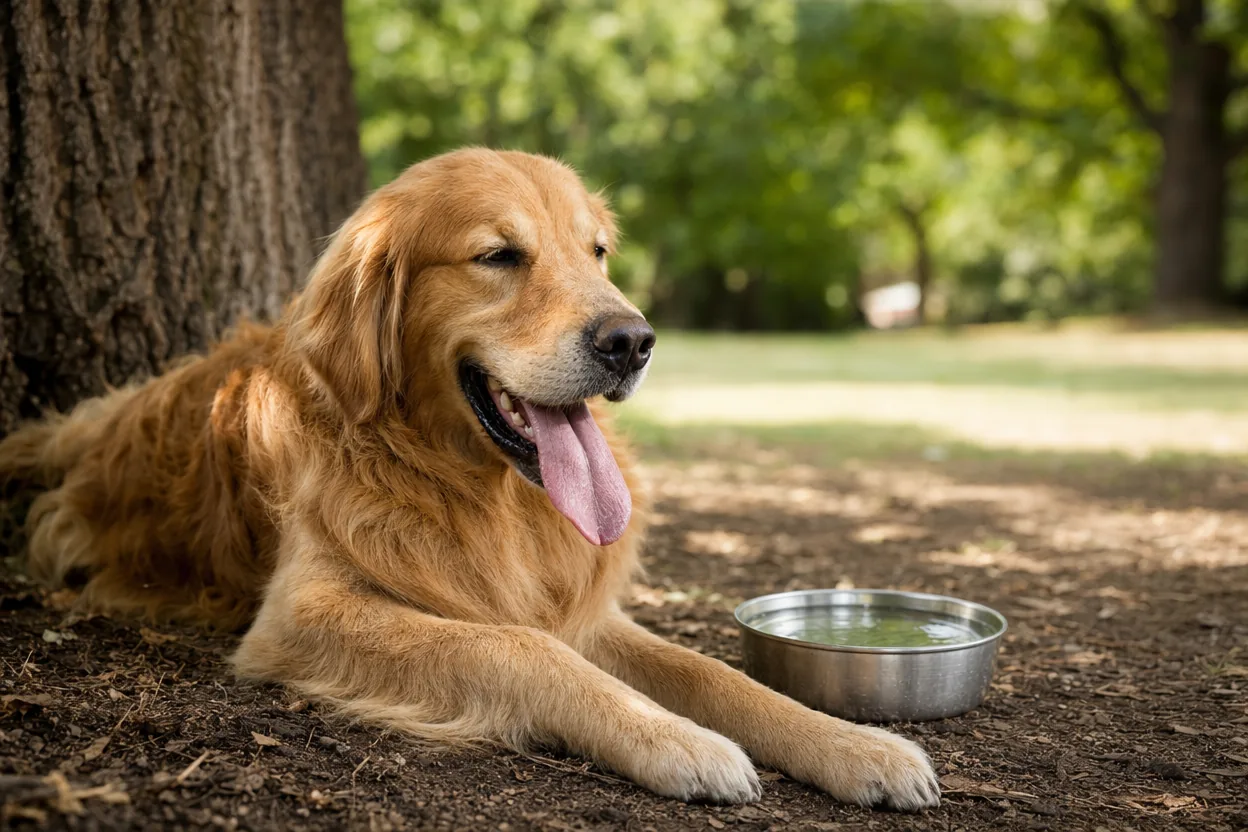 Golden retriever haletant à l'ombre d'un arbre à côté d'une gamelle d'eau par une chaude journée d'été