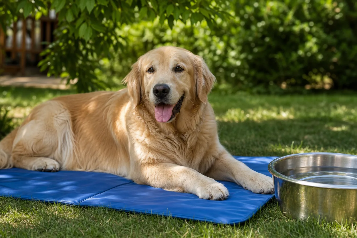 Golden retriever se reposant sur un tapis rafraîchissant à l'ombre, une gamelle d'eau à côté