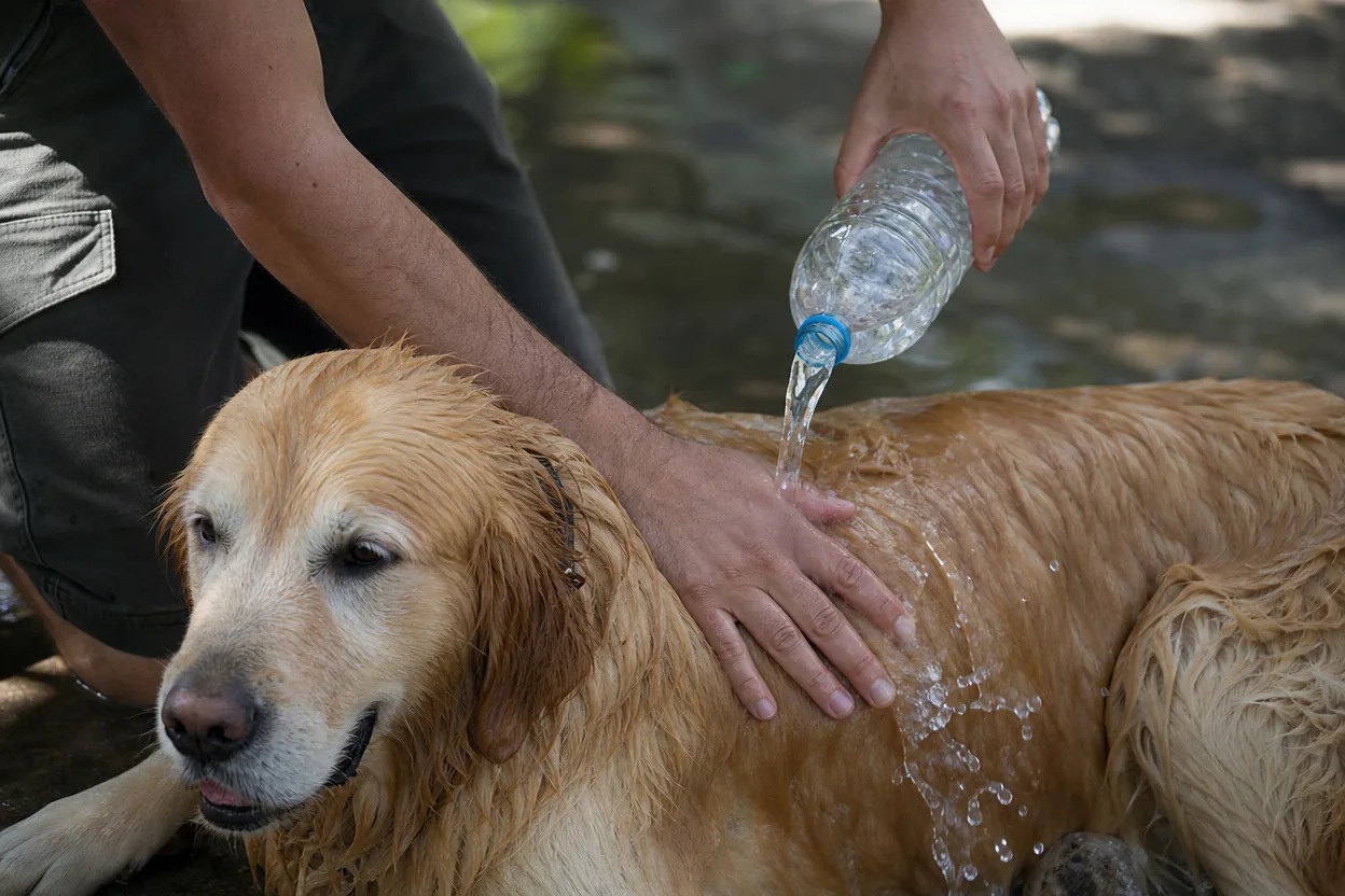 Mains mouillant un golden retriever avec de l'eau fraîche à l'ombre pour le refroidir