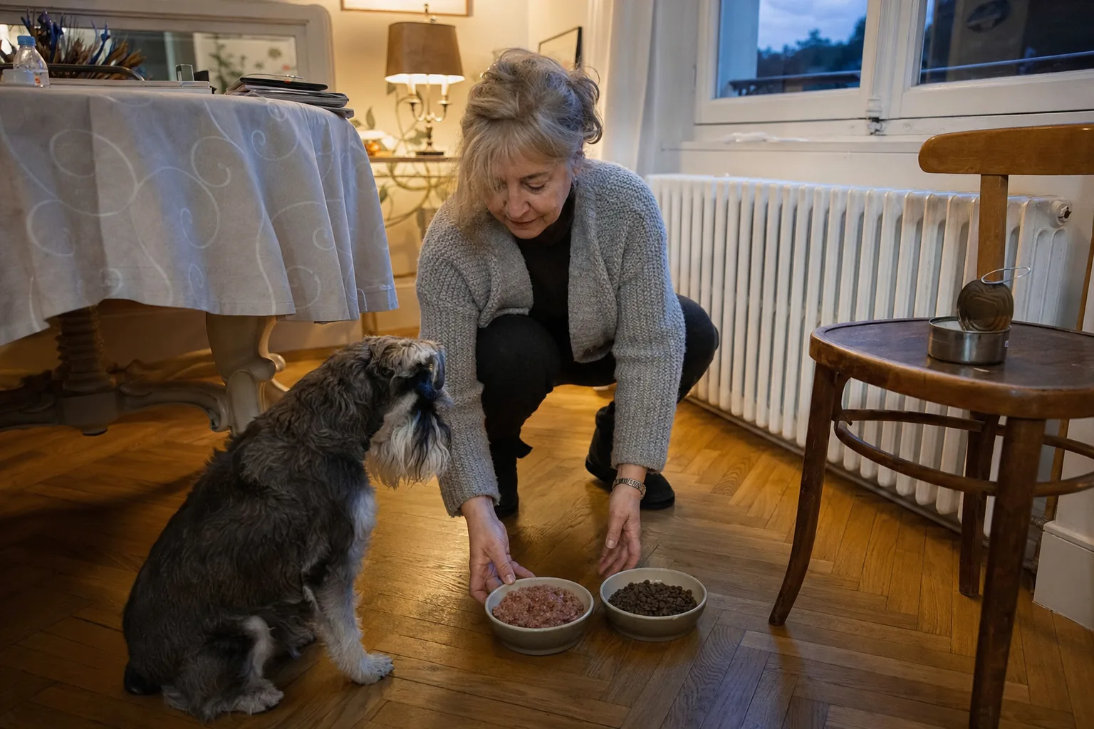 Femme d’une soixantaine d’années accroupie sur le parquet d’un appartement ancien, qui pose une gamelle de pâtée à côté d’une gamelle de croquettes devant un schnauzer nain poivre et sel assis