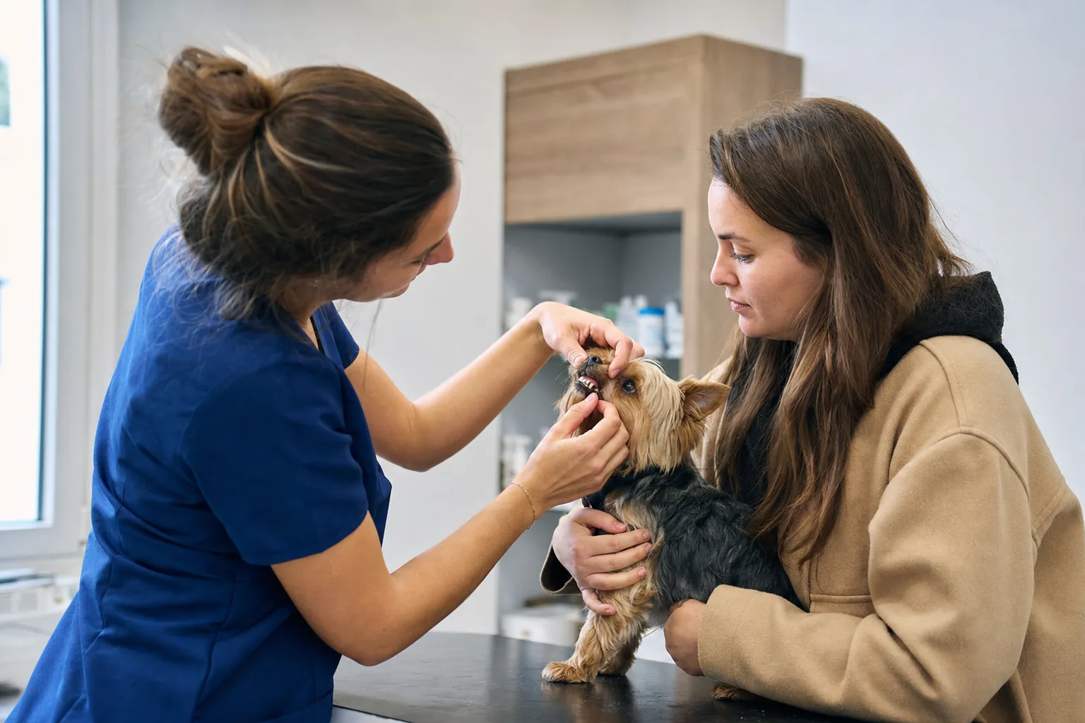Vétérinaire en tunique bleue qui soulève la babine d’un yorkshire terrier pour examiner ses dents, sur la table de consultation, pendant que sa maîtresse le tient