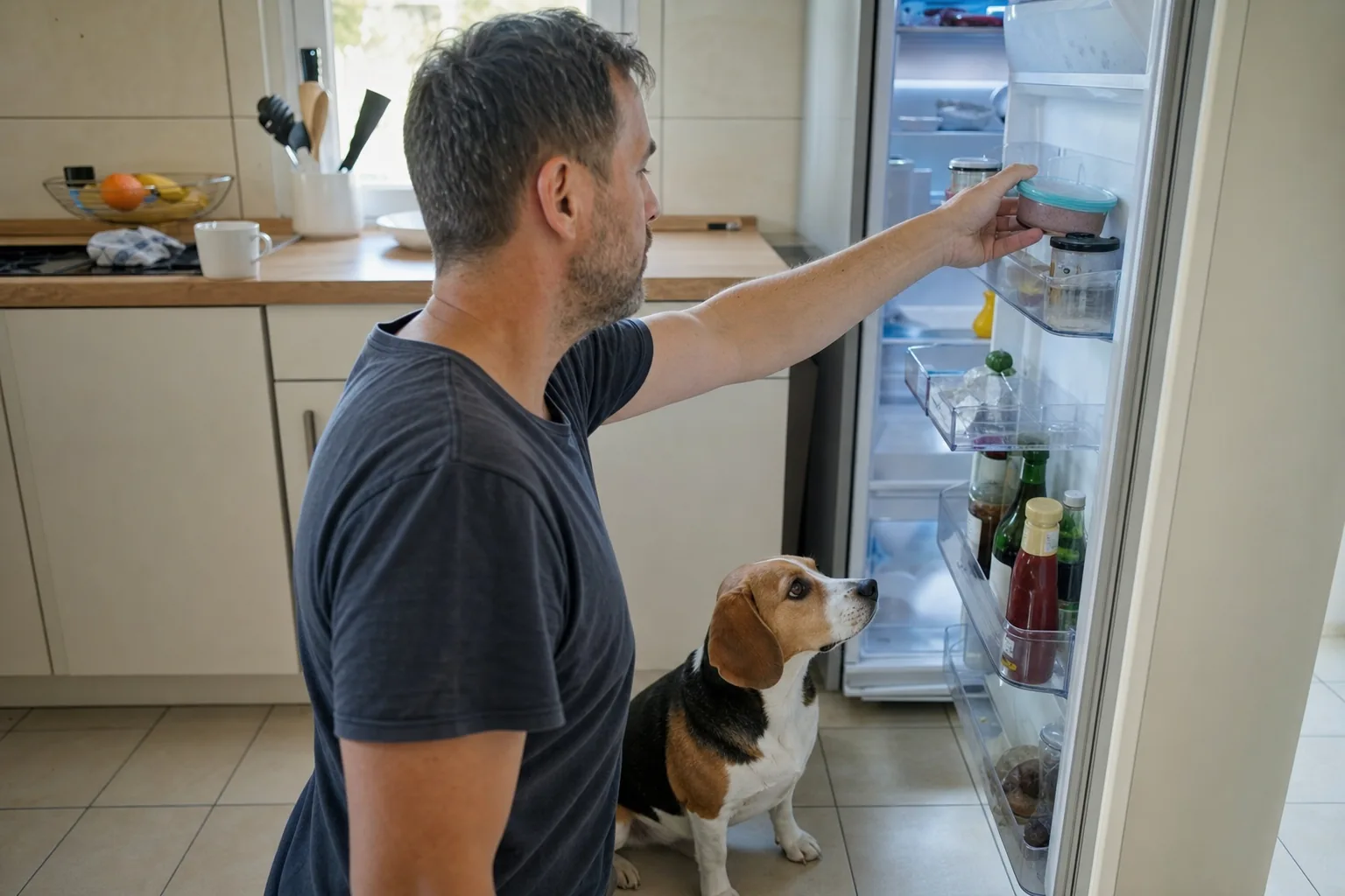 Homme qui range un reste de pâtée dans une boîte couverte dans la porte du réfrigérateur, un beagle tricolore assis sur le carrelage qui le regarde
