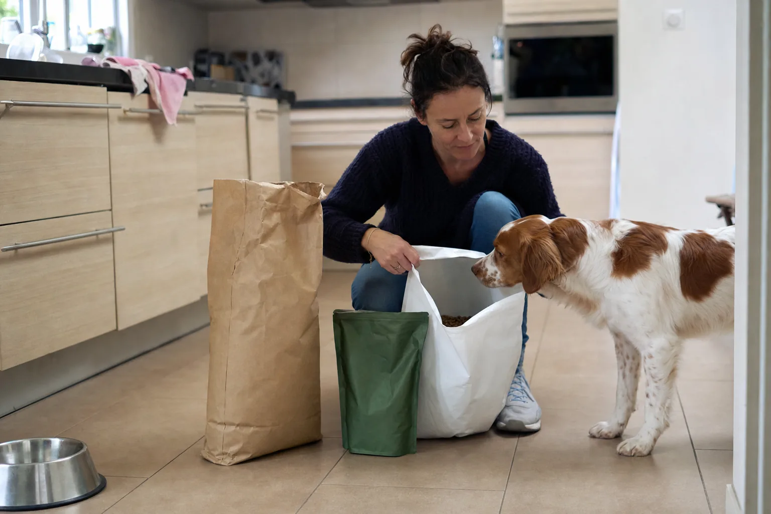 Femme accroupie sur le carrelage d’une cuisine qui ouvre un sac de croquettes blanc, entre un sac en papier kraft et un sachet vert sans marque, un épagneul breton orange et blanc qui renifle le sac
