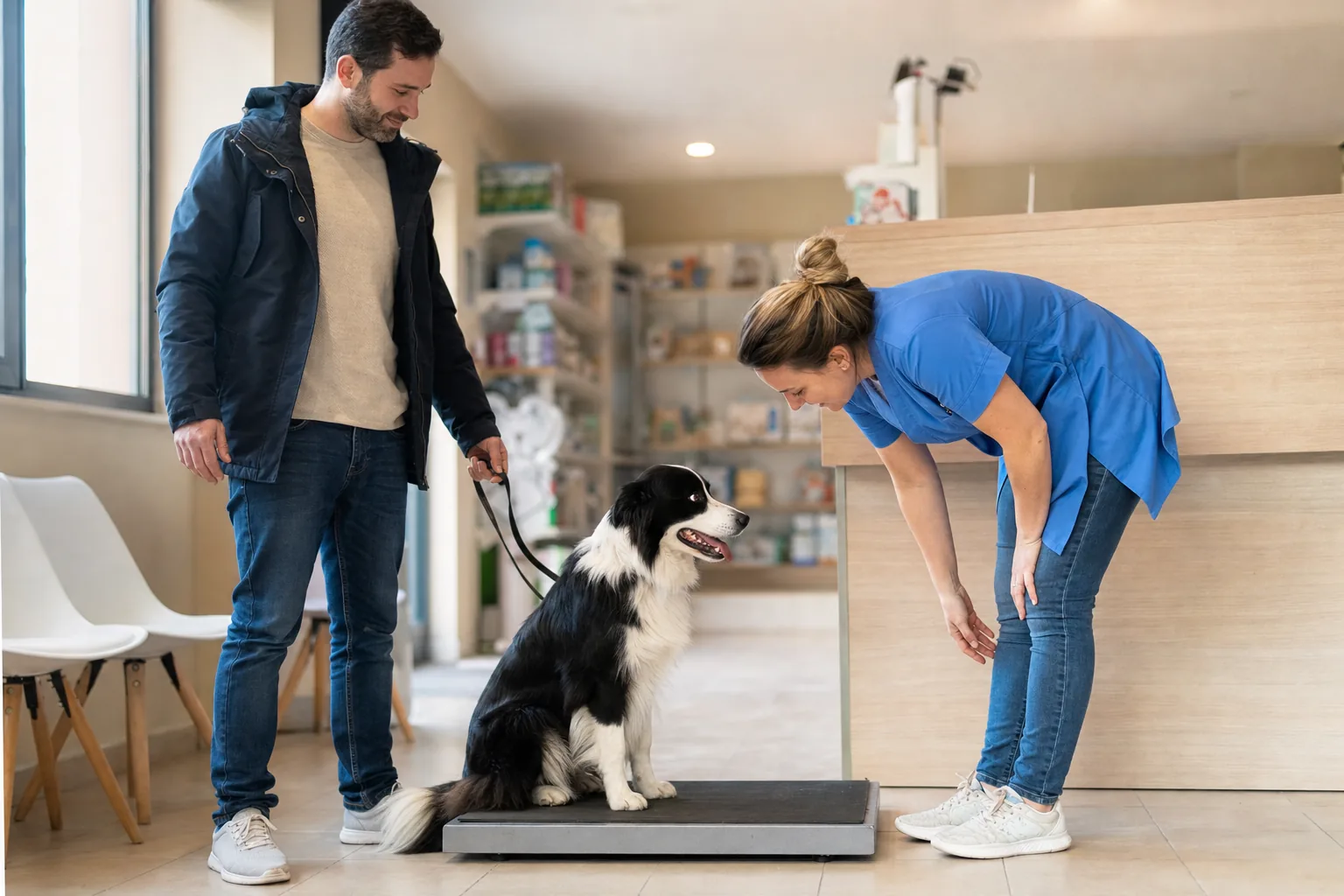 Border collie noir et blanc assis sur le plateau d’une balance au sol dans la salle d’attente d’un cabinet vétérinaire, son maître qui tient la laisse et une assistante en tunique bleue penchée vers lui