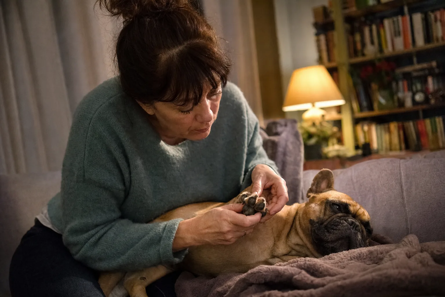 Femme assise sur un canapé qui examine les coussinets de la patte d’un bouledogue français fauve allongé sur un plaid, dans un salon éclairé par une lampe