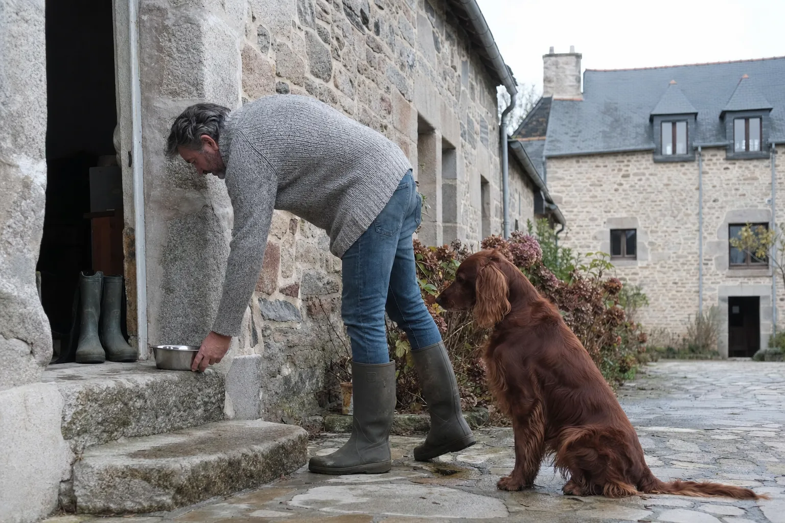 Homme en pull de laine et bottes qui pose une gamelle en inox sur une marche en granit devant un setter irlandais rouge assis, dans la cour pavée d’une longère bretonne
