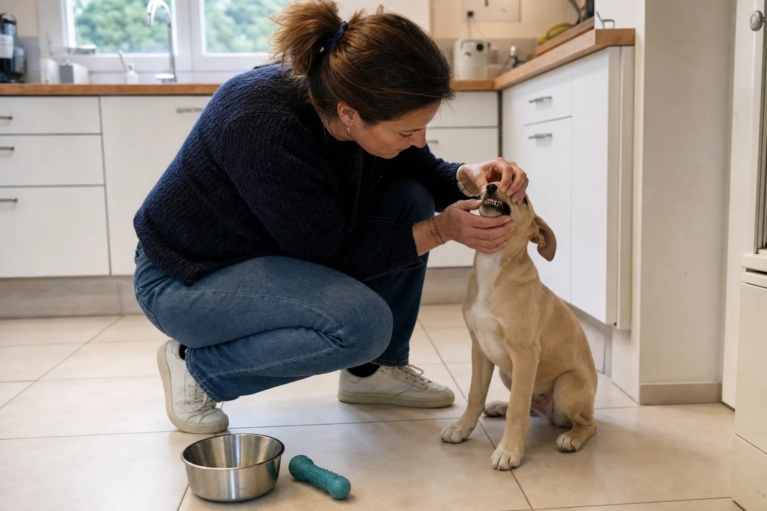 Dans une cuisine au carrelage clair, une femme accroupie soulève doucement les babines d’un chiot beige de cinq mois assis devant elle pour regarder ses dents, une gamelle et un jouet à mâcher posés sur le sol