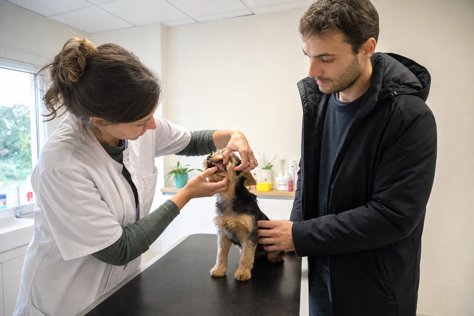 Dans un cabinet vétérinaire, une vétérinaire en blouse écarte les babines d’un jeune yorkshire terrier posé sur la table d’examen, que son maître tient d’une main