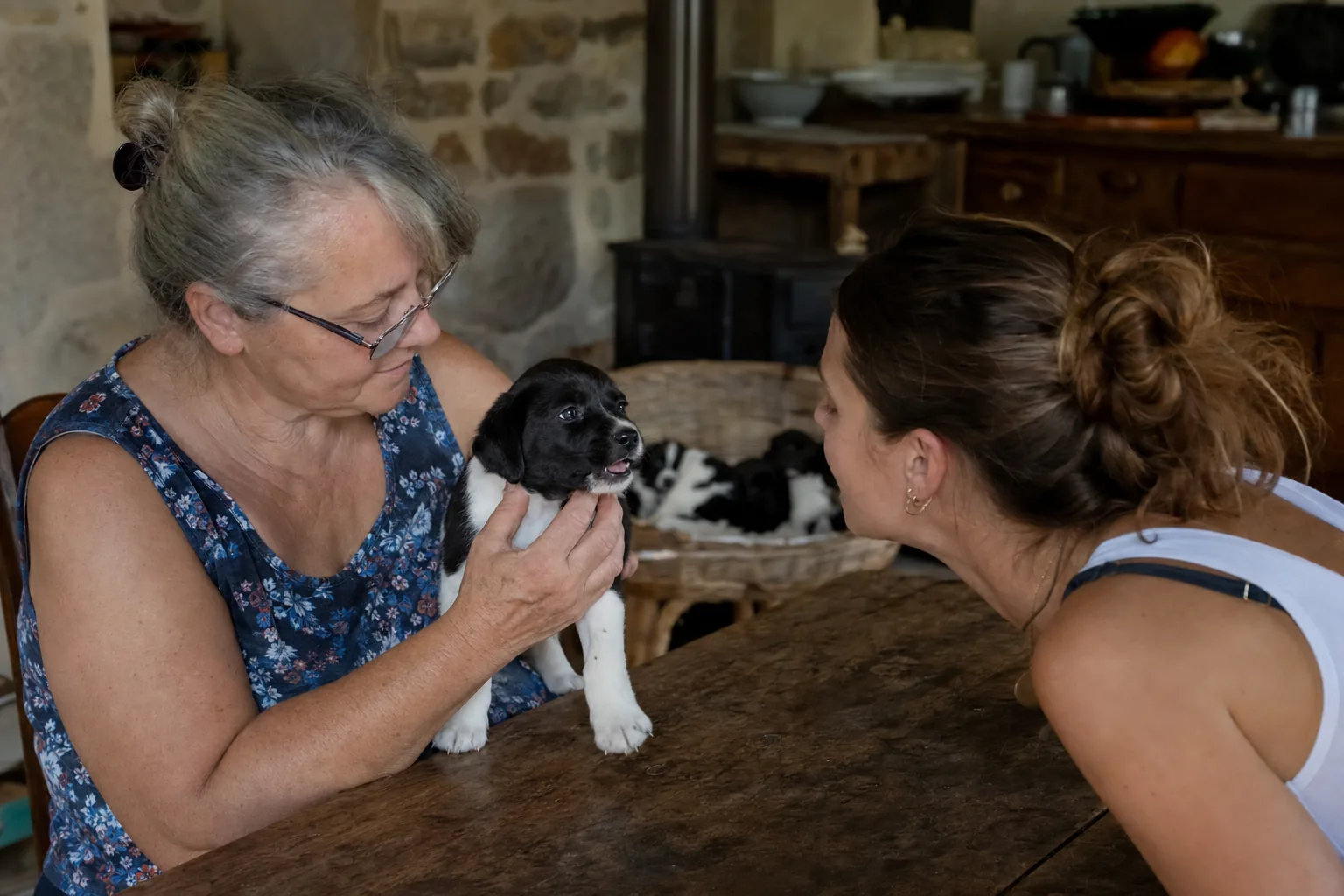 À la table en bois d’une cuisine de maison de campagne, une éleveuse aux cheveux gris tient un chiot noir et blanc de neuf semaines, la gueule entrouverte, qu’une jeune femme penchée observe de près, la portée endormie dans un panier derrière