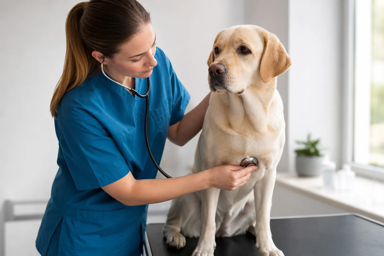 Vétérinaire auscultant la poitrine d'un labrador calme au stéthoscope sur une table d'examen