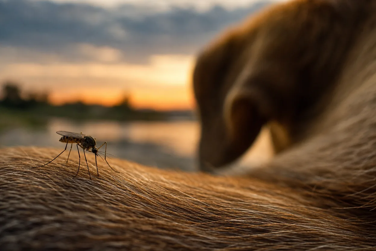 Gros plan d'un moustique posé près du pelage d'un chien en extérieur au crépuscule