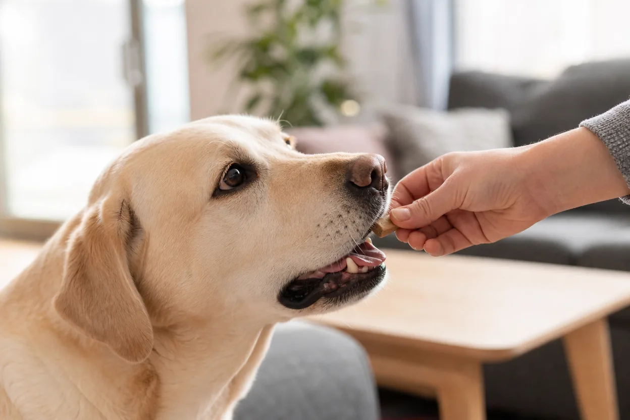 Main donnant un comprimé antiparasitaire à croquer à un labrador coopératif dans un salon