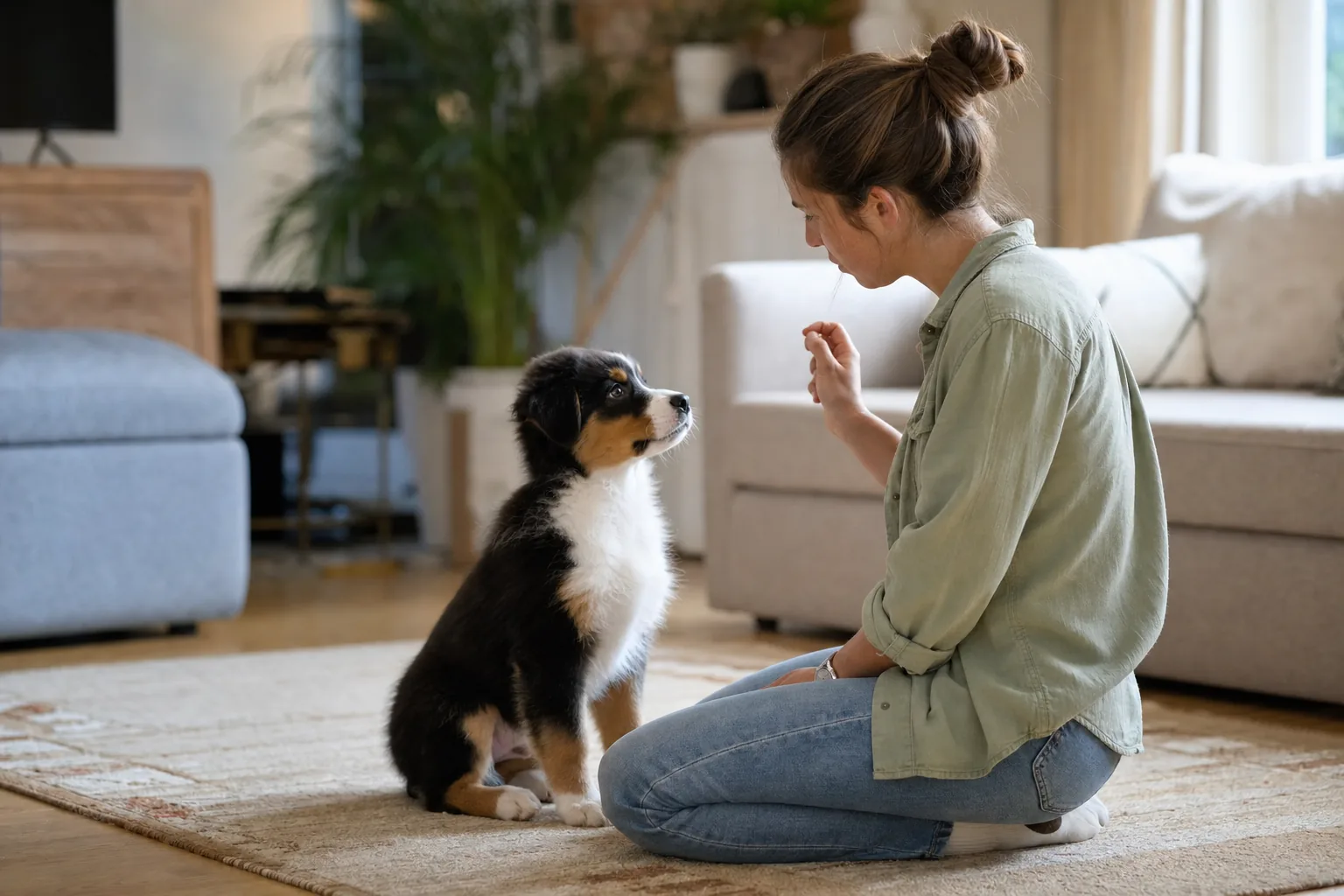 Chiot concentré pendant une courte séance d'éducation dans un salon