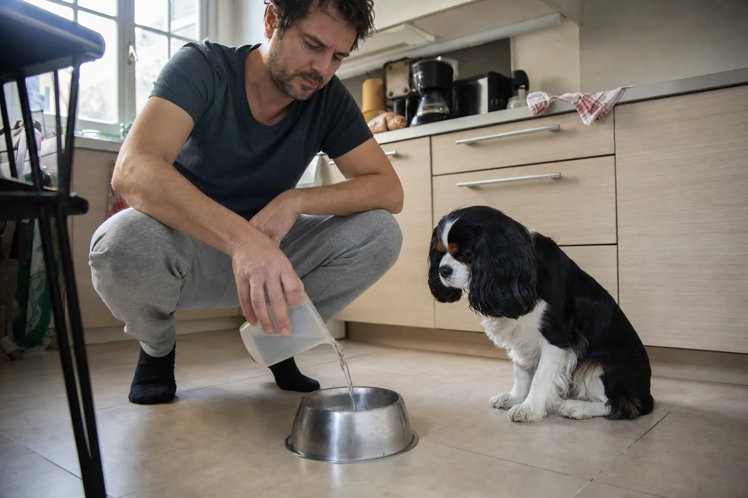 Un matin dans la cuisine d’un appartement, un homme accroupi sur le carrelage verse l’eau d’un verre doseur dans une gamelle en inox, sous le regard de son cavalier king charles tricolore assis à côté.