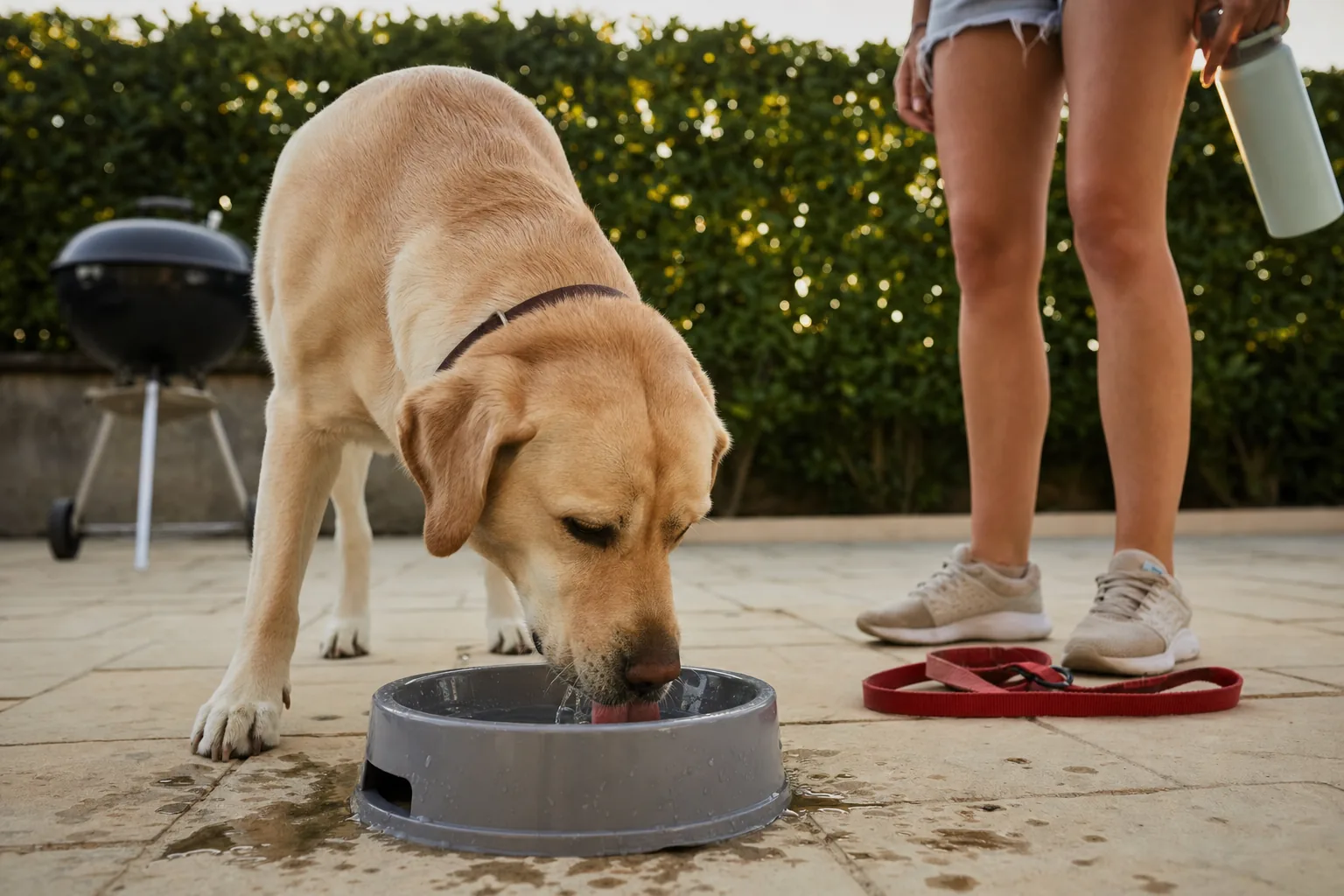Sur la terrasse dallée d’un pavillon, un soir d’été, un labrador sable boit à grandes lapées dans une gamelle grise au retour de la promenade, la laisse rouge posée au sol près des baskets de sa maîtresse.