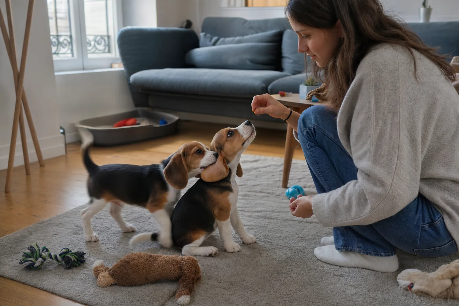 Deux chiots beagles sur un tapis de salon : l’un fixe la friandise que tend une jeune femme, l’autre lui mordille l’oreille